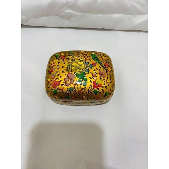 Vintage Kashmir Homemade Trinket Box Black Lacquered Floral Design 3.5 X 2.5 In. - Picture 3 of 9